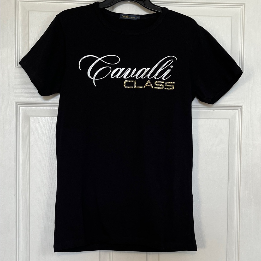 Roberto Cavalli Logo Black T-Shirt Women's M NWOT Italian Designer Cotton Tee - Picture 3 of 12